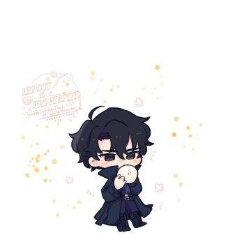 1boy ahoge belt black_coat black_eyes black_hair black_shirt boots coat curtained_hair dumpling eating expressionless food full_body hair_between_eyes highres holding holding_food kimidori_22 male_focus omniscient_reader&#039;s_viewpoint open_clothes open_coat shirt short_hair solo yoo_joonghyuk