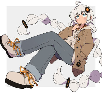 Rule 34 | 1girl, absurdres, ahoge, alternate costume, blue eyes, blush stickers, braid, brown coat, closed mouth, coat, commentary request, crossed legs, denim, full body, grey hair, grey hoodie, hair ornament, hand on own chin, highres, hood, hood down, hoodie, jeans, kizuna akari, long hair, long sleeves, looking up, pants, shoes, solo, tanukifukurou, thinking, twin braids, two-tone background, very long hair, voiceroid, white shoes