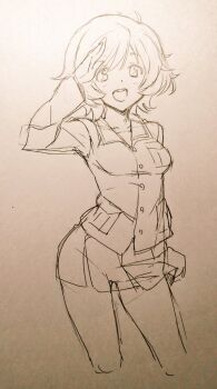 1girl akiyama_yukari blush breast_pocket breasts commentary_request cropped_legs girls_und_panzer ikeda_sakura jacket long_sleeves medium_breasts medium_hair miniskirt monochrome ooarai_military_uniform pleated_skirt pocket sailor_collar salute short_hair sketch skirt smile solo teeth upper_teeth_only