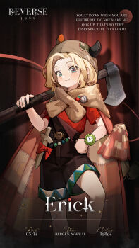 1girl :3 axe badge bandaid bandaid_on_leg bead_belt belt black_belt blonde_hair blue_eyes blush brown_headwear brown_overalls button_badge cape character_name child copyright_name english_text erick_(reverse:1999) feet_out_of_frame fur_cape hand_on_own_hip highres holding holding_axe horned_hat logo long_hair looking_at_viewer low-tied_long_hair medium_hair official_art orange_cape over_shoulder overall_shorts overalls overalls_pull parted_bangs patchwork_clothes red_background curtains red_shirt reverse:1999 shirt short_sleeves socks solo spotlight standing stepped_on sword watch weapon weapon_over_shoulder wooden_sword wristwatch