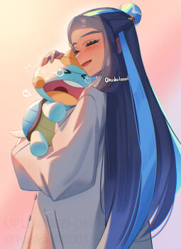 1girl :d alternate_costume black_hair blue_hair chewtle closed_eyes coat commentary_request eyelashes gen_8_pokemon grey_coat hair_bun haska_(user_gure4787) holding holding_pokemon multicolored_hair nessa_(pokemon) nintendo open_mouth petting pokemon pokemon_(creature) pokemon_swsh sidelocks smile two-tone_hair