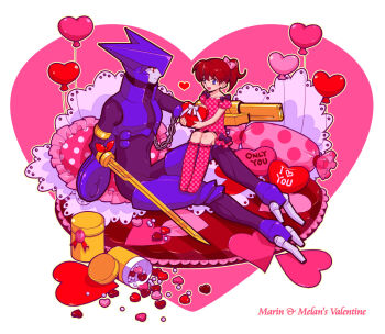 Rule 34 | 1boy, 1girl, :d, alternate eye color, android, arm blade, arm cannon, armor, asagi marin, balloon, blue eyes, blue skin, bow, box, brigadoon, candy, character name, chocolate, chocolate heart, colored skin, dress, eye contact, food, hair bow, heart, heart-shaped box, heart balloon, hetero, kneehighs, looking at another, melan blue, open mouth, pillow, pink bow, pink dress, pink socks, ponytail, red eyes, red ribbon, ribbon, short ponytail, short sleeves, sitting, smile, socks, tetsukuzu tetsuko, valentine, weapon, white background