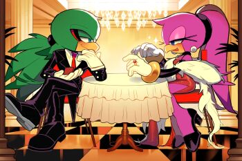 1boy 1girl alternate_costume alternate_hairstyle beak black_jacket black_pants black_shoes blue_eyes blush checkered_floor collared_shirt crossed_legs dress furry furry_female furry_male gloves green_eyes green_fur highres indoors jacket jet_the_hawk necktie pants pink_fur red_dress red_necktie shirt shoes sidelocks sitting sonic_(series) sonic_riders_(series) table theadamay1 wave_the_swallow white_gloves white_shirt