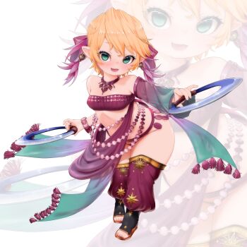 1girl :3 :d a-maki_tasuke absurdres arabian_clothes bare_shoulders blonde_hair bow bracelet breasts choker contrapposto dancing detached_sleeves final_fantasy final_fantasy_xiv full_body gradient_sleeves green_eyes green_sleeves hair_bow hands_up highres holding jewelry lalafell legs_together looking_at_viewer no_panties no_pupils open_mouth pear-shaped_figure pointy_ears purple_bow purple_choker purple_sleeves purple_tube_top see-through_clothes see-through_sleeves short_hair small_breasts smile solo standing straight_hair strapless thick_thighs thighs tube_top warrior_of_light_(ff14) white_background zoom_layer
