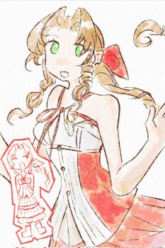 Rule 34 | 1girl, aerith gainsborough, bare shoulders, blonde hair, bow, braid, charla, commentary, dress, drill hair, english commentary, final fantasy, final fantasy vii, green eyes, hair bow, highres, long hair, looking at viewer, multiple views, open mouth, red bow, simple background, sketch, white background