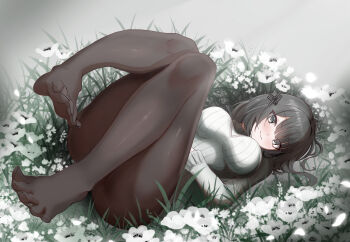 1girl absurdres arknights arknights:_endfield ass barefoot black_eyes black_hair black_pantyhose blush breasts closed_mouth commentary_request endministrator_(arknights) feet female_endministrator_(arknights) field flower flower_field foot_focus full_body gluteal_fold hair_ornament highres holding large_breasts legs long_sleeves looking_at_viewer lying mumi_daohu no_shoes on_back pantyhose short_hair sitting smile soles solo spread_toes thick_thighs thighs toes underwear white_flower