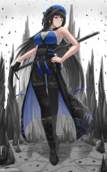 Rule 34 | 1girl, absurdres, alternate breast size, archstreal, armpit crease, artist name, bandaged chest, bare shoulders, beret, black bow, black footwear, black gloves, black hair, black skirt, blue beret, blue hat, blue shirt, boots, bow, breasts, cleavage, closed mouth, earrings, gloves, grey eyes, hand on own hip, hat, hat bow, highres, holding, holding sword, holding weapon, jewelry, knee boots, large breasts, looking at viewer, mole, mole under eye, multicolored hair, o-ring, o-ring top, scabbard, sheath, sheathed, shirt, single glove, skirt, solo, standing, streaked hair, sword, tacet mark (wuthering waves), weapon, white hair, wuthering waves, yangyang (wuthering waves)