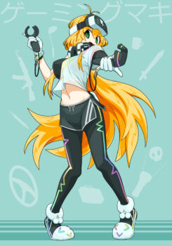 Rule 34 | 1girl, antenna hair, black pants, blonde hair, blue background, commentary request, full body, gloves, green eyes, headset, holding, holding microphone, long hair, microphone, midriff, navel, pants, pants under shorts, peru co, shoes, solo, translation request, tsurumaki maki, very long hair, voiceroid, white gloves