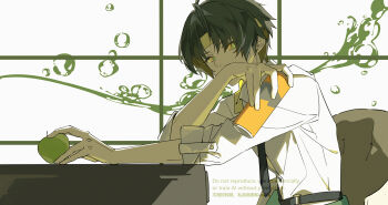 1boy apple arm_rest asaba_harumasa belt bingzhen_h2o black_hair black_necktie can commentary_request covered_mouth earrings food fruit headband highres holding holding_can holding_food holding_fruit indoors jewelry male_focus necktie parted_bangs shadow shirt shirt_tucked_in short_hair sitting sleeves_rolled_up solo upper_body white_shirt yellow_eyes yellow_headband zenless_zone_zero