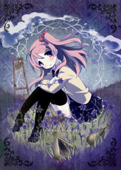 1girl antenna_hair arms_on_knees black_thighhighs blue_sky blush chaos;head cloud crossed_arms english_text field flower flower_field full_body grass guillotine holding holding_flower jacket loafers long_hair long_sleeves looking_at_viewer mamimu_(ma-mi-mu.me) one_side_up pear_of_anguish pink_eyes pink_hair plaid_clothes plaid_skirt purple_flower sakihata_rimi school_uniform science_adventure shoes sitting skirt sky smile solo thighhighs yellow_jacket