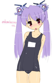 1girl arms_behind_back ball_(gundam) black_one-piece_swimsuit blush ezakishii female_focus gundam one-piece_swimsuit purple_hair red_eyes school_swimsuit solo swimsuit twintails