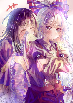 2girls ^_^ absurdres black_hair blush bow closed_eyes commentary covered_mouth crossed_arms frilled_sleeves frills fujiwara_no_mokou hair_bow hayashida_chiyo highres houraisan_kaguya long_hair long_sleeves multiple_girls shirt shirt_tucked_in smile suspender_pants touhou very_long_hair white_hair white_shirt wide_sleeves