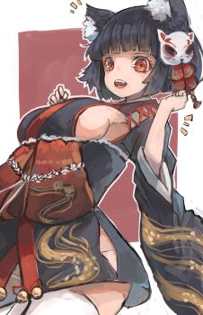 1girl :d animal_ear_fluff animal_ears arched_back azur_lane bell black_hair black_kimono black_sash blunt_bangs bob_cut bow breasts cat_ears cat_mask clothing_cutout commentary_request curvy detached_sleeves eyeshadow fang from_side furisode_sleeves hair_ornament hair_ribbon highres hip_vent japanese_clothes jingle_bell kanzashi kimono long_sleeves looking_at_viewer makeup manaita_obi mask mask_on_head medium_breasts narrow_waist notice_lines nyucha obi obijime open_mouth panties panty_peek panty_straps red_bow red_eyes red_eyeshadow red_sash ribbon rope sash shimenawa short_hair short_kimono sideboob sideless_kimono smile solo thighhighs underbust underwear w_arms white_panties white_thighhighs wide_hips wide_sleeves wispy_bangs yamashiro_(azur_lane)