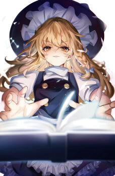 Rule 34 | 1girl, absurdres, aida noa, apron, black hat, black vest, book, braid, buttons, frilled hat, frills, hair between eyes, hat, highres, kirisame marisa, long hair, looking at viewer, open book, open hand, puffy short sleeves, puffy sleeves, shirt, short sleeves, simple background, single braid, smirk, solo, touhou, vest, white apron, white background, white shirt, witch hat, yellow eyes