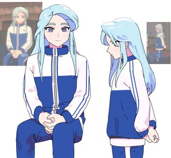 1boy blue_eyes blue_hair blue_jacket blue_pants game_screenshot_inset highres inawiwi inazuma_eleven_(series) inazuma_eleven_victory_road jacket long_hair male_focus multicolored_jacket multiple_views pants reference_inset shisendou_garyuu two-tone_jacket white_jacket