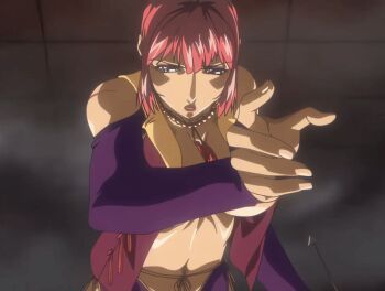 00s 1girl 2007 animated animated_gif anime_screenshot arrow_(projectile) arrows bare_shoulders bead_necklace beads bible_black bible_black_new_testament breasts closed_eyes detached_sleeves energy jewelry large_breasts lipstick long_sleeves makeup mature_female monk necklace nipples nun open_clothes purple_eyes red_hair religious revealing_clothes scar shin_bible_black short_hair tagme takashiro_hiroko tight_clothes wind