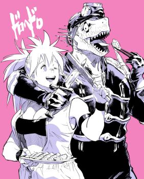1boy 1girl ahn_dongshik animal_head armband armpits bandeau bra bra_peek breasts caiman_(dorohedoro) center_opening chest_harness chopsticks cleavage combat_knife copyright_name dorohedoro dumpling eating eye_contact eye_tattoo facial_mark fingernails food full-length_zipper gas_mask gloves greyscale_with_colored_background harness highres holding holding_chopsticks holding_knife holding_plate holding_weapon hug hug_from_behind jiaozi jumpsuit kitchen_knife knife large_breasts lips lizard lizardman long_hair long_sleeves looking_at_another looking_to_the_side mask nikaidou_(dorohedoro) one_eye_closed open_jumpsuit open_mouth outstretched_arm partially_unzipped pink_background plate ponytail reptile_boy ribs sharp_teeth shirt simple_background sleeveless_jumpsuit smile spiked_hair spikes tattoo teeth underwear upper_body weapon wristband zipper