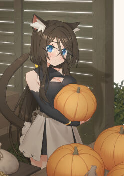 absurdres aina_(mao_lian) animal_ear_fluff animal_ears black_gloves black_shirt black_skirt bloom blue_eyes breasts brown_hair cat_ears cat_girl cat_tail cleavage_cutout closed_mouth clothing_cutout commentary_request crate detached_sleeves feet_out_of_frame fingerless_gloves glasses gloves highres holding holding_pumpkin layered_skirt light_frown light_particles long_sleeves looking_at_viewer loose_hair_strand mao_lian_(nekokao) medium_breasts medium_hair original parted_bangs plant pleated_skirt pumpkin shirt skirt tail white_background white_skirt wooden_wall