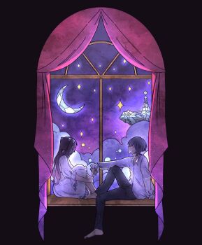 1boy 1girl alternate_costume arm_at_side arm_on_knee arm_support barefoot black_background black_hair black_pants blunt_ends bow celestia_(genshin_impact) cloud cloudy_sky collared_shirt crescent curtains feet floating_island frilled_skirt frilled_sleeves frills from_side genshin_impact hair_bow head_tilt highres hugging_own_legs indoors knees_up long_hair long_sleeves looking_outside mona_(genshin_impact) naysucc night night_sky nightgown orb pants scaramouche_(genshin_impact) shirt sitting skirt sky spire star_(sky) three-quarter_sleeves toes twintails white_bow white_nightgown white_shirt white_skirt window wing_collar