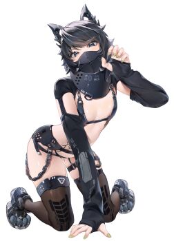 1girl absurdres animal_ear_headwear animal_shoes bikini black_bikini black_eyes black_hair black_mask black_sleeves commission fake_animal_ears flat_chest green_nails highres mask mouth_mask original revealing_clothes solo stomach_tattoo swimsuit tattoo thighhighs white_background yoshiii