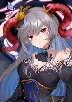 Rule 34 | 1girl, ascot, black ascot, black choker, black dress, black wings, blue hair, bug, butterfly, choker, closed mouth, colored inner hair, commentary request, curled horns, demon wings, dress, ell 0314, fake wings, fire emblem, fire emblem heroes, freyja (fire emblem), freyja (parallel hearts) (fire emblem), goat horns, grey hair, highres, horns, insect, looking at viewer, multicolored hair, nintendo, official alternate costume, red eyes, red horns, smile, solo, two-tone hair, wings