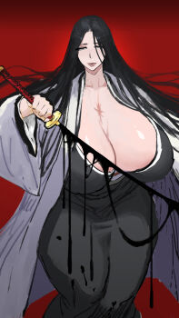 1girl 69_(artist) bankai black_hair black_kimono bleach bleach:_sennen_kessen-hen breasts cleavage curvy dripping grey_eyes haori holding holding_sword holding_weapon huge_breasts japanese_clothes katana kimono lips long_hair mature_female minazuki_(bankai) narrowed_eyes red_background shihakusho solo standing straight_hair sword thick_thighs thighs unohana_retsu weapon white_haori zanpakutou