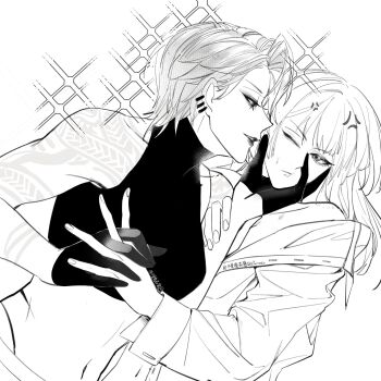 2girls anger_vein arm_tattoo bite_mark bite_mark_on_shoulder chief_(path_to_nowhere) closed_mouth commentary crop_top female_chief_(path_to_nowhere) gloves greyscale half_gloves hand_on_another&#039;s_face hashtag-only_commentary hickey highres holding_another&#039;s_wrist holding_hands interlocked_fingers long_hair looking_at_another midriff monochrome multiple_girls one_eye_closed open_clothes open_shirt parted_lips path_to_nowhere shirt short_hair shoulder_tattoo sleeveless sleeveless_shirt smile tattoo upper_body victori50915479 yuri zoya_(path_to_nowhere)