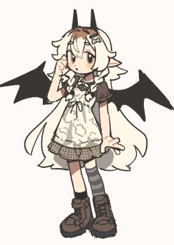 1girl absurdres apron asymmetrical_legwear black_bow black_horns black_wings blush bone_hair_ornament boots bow braid brown_boots brown_eyes demon_wings double-parted_bangs dress full_body hair_intakes hair_ornament highres horns long_hair mismatched_legwear multicolored_hair original pointy_ears roots_(hair) side_braids solo tiramisu_(umiko_zzz) twin_braids umiko_zzz white_apron white_hair wings