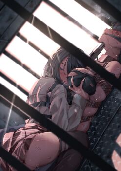 2girls between_breasts black_hair blindfold breasts closed_eyes cloth_gag crying gag gagged grabbing_another's_breast groping gun gun_to_head head_between_breasts highres huyunokure improvised_gag large_breasts long_sleeves miniskirt multiple_girls original peril pleated_skirt red_skirt shibari shirt skirt snot weapon white_shirt yuri