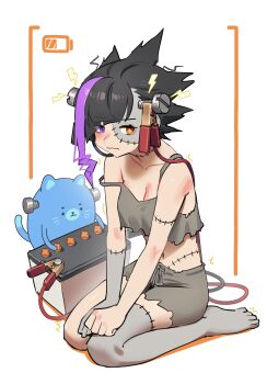 1girl ^^^ absurdres bare_arms bare_legs bare_shoulders barefoot battery_indicator black_hair breasts cleavage collarbone commentary cosplay english_commentary frankenstein&#039;s_monster frankenstein&#039;s_monster_(cosplay) full_body grey_shorts hands_on_own_knees heterochromia highres lightning_bolt-shaped_pupils lightning_bolt_symbol looking_at_viewer medium_breasts midriff mismatched_pupils navel object_through_head orange_eyes original patchwork_skin purple_eyes purple_hair recharging screw_in_head seiza shorts simple_background single_hair_streak sirena_(tostantan) sitting solo spiked_hair stitches strap_slip symbol-shaped_pupils tostantan v_arms wavy_mouth white_background