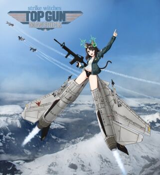 4girls aim-9_sidewinder aircraft airplane american_flag animal_ears assault_rifle black_panties brown_hair cat_ears cat_tail contrail gun highres holographic_interface jacket jet logo m16 m16a4 mikanjam missile mountain multiple_girls open_clothes open_jacket open_mouth original panties pointing rifle shirt snow striker_unit tail thighs top_gun top_gun:_maverick underwear vertical_foregrip weapon white_shirt world_witches_series