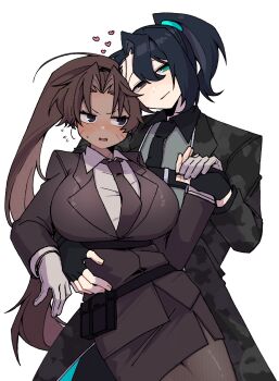 Rule 34 | 1boy, 1girl, black coat, breasts, brown hair, brown jacket, brown pantyhose, brown skirt, camouflage, camouflage coat, closed mouth, coat, collared shirt, commentary request, dark-skinned female, dark skin, embarrassed, full-stop office (identity) (project moon), genderswap, genderswap (mtf), hair intakes, heathcliff (project moon), hetero, highres, hong lu (project moon), huge breasts, jacket, lapels, limbus company, long hair, nantekottawo!!, notched lapels, pantyhose, project moon, purple eyes, shirt, skirt, very long hair, white coat, white shirt