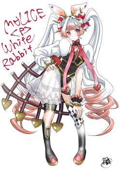 1girl absurdres animal_ears black_leotard breasts character_name double_bun drill_hair duel_monster full_body hair_bun hashtag-only_commentary highres leotard long_hair maliss_<p>_white_rabbit multicolored_hair namenekorin pink_hair rabbit_ears rabbit_girl simple_background solo standing twin_drills two-tone_hair very_long_hair white_background white_hair yu-gi-oh!