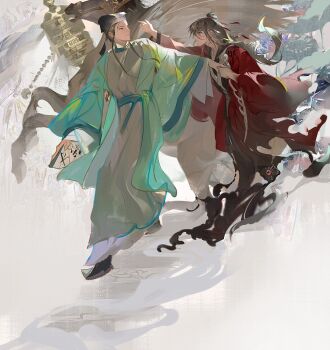 2boys absurdres architecture black_eyes black_hair black_hanfu black_hat black_shoes bone chinese_clothes chinese_commentary coat dao_gui_yi_xian east_asian_architecture eye_contact folding_fan full_body green_coat grey_hanfu hair_bun hair_ribbon half_updo hand_fan hand_fan_writing hanfu hat hat_ribbon highres holding holding_bone holding_fan holding_hands holding_sword holding_weapon horse jin_(headwear) li_huowang long_hair long_sleeves looking_at_another lotus_leaf male_focus multiple_boys outstretched_arm paper_fan profile reaching reaching_towards_another red_coat red_ribbon ribbon robe scar scar_on_face scar_on_neck shoes single_hair_bun skull smile smoke spine spine_sword standing sword torn_clothes weapon wide_sleeves yaoi yongbaochise zhouzi_jin_(headwear) zhuge_yuan