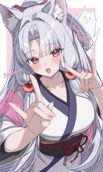 Rule 34 | 1girl, :d, animal ear fluff, animal ears, blush, border, breasts, collarbone, dated, double fox shadow puppet, fox ears, fox girl, fox shadow puppet, green sash, grey hair, hair intakes, hair ribbon, hands up, hasei (hasei01), hashtag-only commentary, highres, japanese clothes, kimono, large breasts, long hair, long sleeves, obi, open mouth, outside border, parted bangs, pink background, pink ribbon, red eyes, ribbon, sash, simple background, smile, solo, touhoku itako, twitter username, upper body, voiceroid, white border, white kimono, wide sleeves