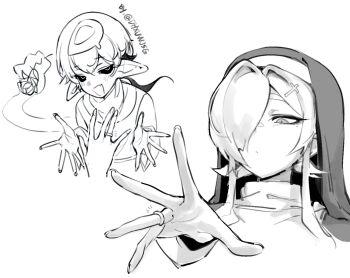 1girl black_sclera blush colored_sclera commentary docu_(doppel) doppel_(bonnypir) expressionless greyscale highres jewelry monochrome monster_boy nun open_mouth original ring short_hair short_hair_with_long_locks sidelocks simple_background smile symbol-only_commentary white_background