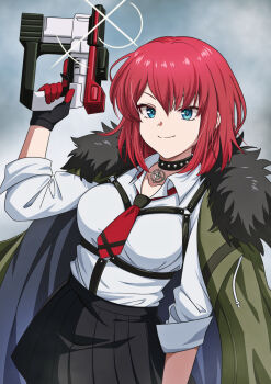 1girl black_gloves black_skirt blue_eyes character_request closed_mouth coat commentary_request fur_coat gloves green_coat grey_background highres holding holding_weapon murasaki_tsutsuji muv-luv muv-luv_girls_garden necktie red_hair red_necktie shirt short_hair skirt weapon white_shirt