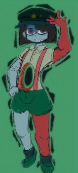 1girl adjusting_hair black_hair blue_eyes blue_skin buttons collared_shirt colored_skin drooling ena:_dream_bbq ena_(dream_bbq) ena_(series) green_background green_hat green_shoes green_shorts hand_on_own_hip hat hole_on_body looking_at_viewer multicolored_skin red_skin red_suspenders shaded_face shirt shoes short_hair shorts simple_background sketch solo spurhuns suspender_shorts suspenders teeth white_shirt