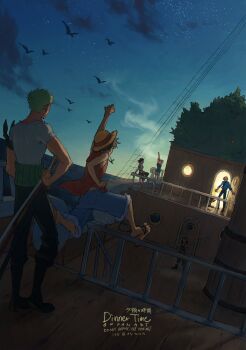 2girls 4boys arm_up bare_shoulders bird black_pants boat dusk facing_away hat highres jumping light_particles monkey_d._luffy multiple_boys multiple_girls nami_(one_piece) nico_robin nico_robin_(skypiea) ocean on_ship one_piece outdoors outstretched_arms pants plytometo railing roronoa_zoro sandals sanji_(one_piece) seagull shirt spread_arms stairs straw_hat stretching tony_tony_chopper usopp water watercraft white_shirt