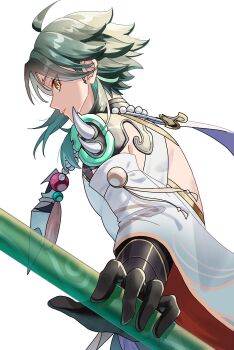 1boy ay_18kusanagi backless_outfit bead_necklace beads black_gloves genshin_impact gloves green_hair hashtag-only_commentary highres holding holding_polearm holding_weapon jewelry looking_at_viewer male_focus medium_hair necklace parted_lips polearm primordial_jade_winged-spear_(genshin_impact) shoulder_spikes sideways_glance simple_background spikes tassel weapon white_background xiao_(genshin_impact) yellow_eyes