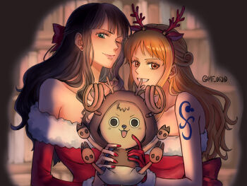1boy 2girls animal_ears antlers bare_shoulders black_hair blurry blurry_background breasts brown_eyes christmas collarbone commentary deer_ears dress earrings fake_antlers fur-trimmed_dress fur-trimmed_gloves fur_trim gloves grin hair_ribbon highres horns jewelry long_hair looking_at_viewer mf_0520 multiple_girls nami_(one_piece) nico_robin off-shoulder_dress off_shoulder one_eye_closed one_piece open_mouth orange_hair red_dress red_gloves red_nails reindeer_antlers reindeer_boy ribbon shoulder_tattoo smile strapless strapless_dress stud_earrings symbol-only_commentary tattoo tony_tony_chopper twitter_username upper_body