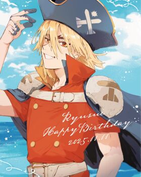 1boy armor belt blonde_hair cape cloud commentary dated dr._stone gloves grin hair_between_eyes happy_birthday hat highres looking_at_viewer male_focus medium_hair nanami_ryuusui nndmkk11 ocean orange_eyes orange_shirt outdoors pirate_hat red_shirt shirt short_sleeves shoulder_armor sky smile solo symbol-only_commentary upper_body white_belt