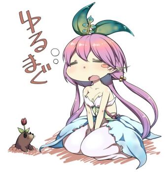 1girl =_= bandeau between_legs blush_stickers breasts cleavage closed_eyes flower flower_on_head gopher_(animal) granblue_fantasy hand_between_legs large_breasts leaf leaf_on_head low_twintails pants purple_hair purple_pants sitting squeans translation_request twintails wariza yggdrasil_(granblue_fantasy) yozo_(stanky)