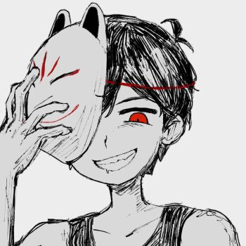 1boy alternate_eye_color antenna_hair bon_rinbasu collarbone fox_mask grin highres holding holding_mask looking_at_viewer male_focus mask mask_on_head omori omori_(omori) open_mouth red_eyes short_hair simple_background smile solo spot_color tank_top teeth upper_body