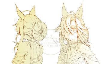 Rule 34 | 1girl, 927ming, ahoge, animal ears, bow, bowtie, commentary request, dream journey (snow-white dreamland) (umamusume), dream journey (umamusume), dress, from behind, glasses, greyscale, grin, hair bun, hair over one eye, highres, horse ears, horse girl, korean commentary, long hair, long sleeves, looking at viewer, monochrome, multiple views, official alternate costume, semi-rimless eyewear, simple background, single hair bun, smile, swept bangs, twitter username, umamusume, upper body, watermark, white background