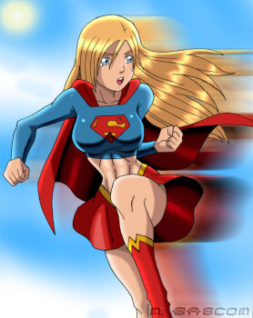 1girl alien blonde_hair blue_eyes blue_sky breasts cape clothes_lift dc_comics female_focus flying kryptonian legs long_hair long_sleeves midriff open_mouth red_cape red_skirt skirt skirt_lift sky sleeves_past_wrists solo sun supergirl