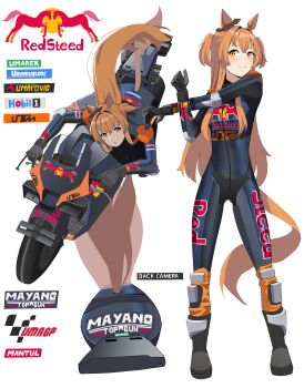 1girl absurdres animal_ears ass black_bodysuit bodysuit bow brand_name_imitation brown_eyes brown_ribbon character_name closed_mouth clothing_cutout commentary cross-body_stretch ear_ribbon gar32 highres horse_ears horse_girl horse_tail mayano_top_gun_(umamusume) mobil1 motor_vehicle motorcycle multiple_views parody_request red_bull ribbon simple_background smile tail tail_through_clothes two_side_up umamusume white_background
