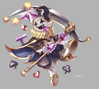 1other black_cape black_eyes black_pants cape club_(shape) colored_skin deltarune diamond_(gemstone) fangs frills full_body gloves grey_background hat heart jester_cap jevil maa_tc pants pink_gloves pointy_ears scythe simple_background solo spade_(shape) tongue tongue_out utdr_(toby_fox) white_footwear white_skin