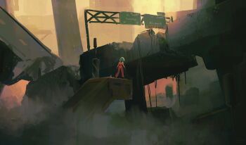 Rule 34 | 1girl, aqua hair, artist name, bridge, character name, city, cityscape, color contrast, commentary, dust cloud, english commentary, english text, from behind, gloves, green theme, haze, highres, jumpsuit, light particles, motorslice, orange jumpsuit, orange theme, overpass, p (motorslice), painterly, post-apocalypse, potassiumhere, ruins, scenery, sign, solo, standing, very wide shot