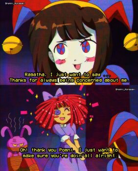 1990s_(style) 2girls asymmetrical_gloves blue_eyes blue_gloves blush_stickers bound brenni_murasaki brown_hair colored_skin gloves hat highres jax_(the_amazing_digital_circus) jester_cap mismatched_gloves multicolored_eyes multiple_girls pomni_(the_amazing_digital_circus) puffy_sleeves ragatha_(the_amazing_digital_circus) red_eyes red_gloves retro_artstyle scene_reference short_hair short_sleeves striped_clothes striped_headwear the_amazing_digital_circus tied_up_(nonsexual) two-tone_eyes vertical-striped_clothes vertical-striped_headwear white_skin